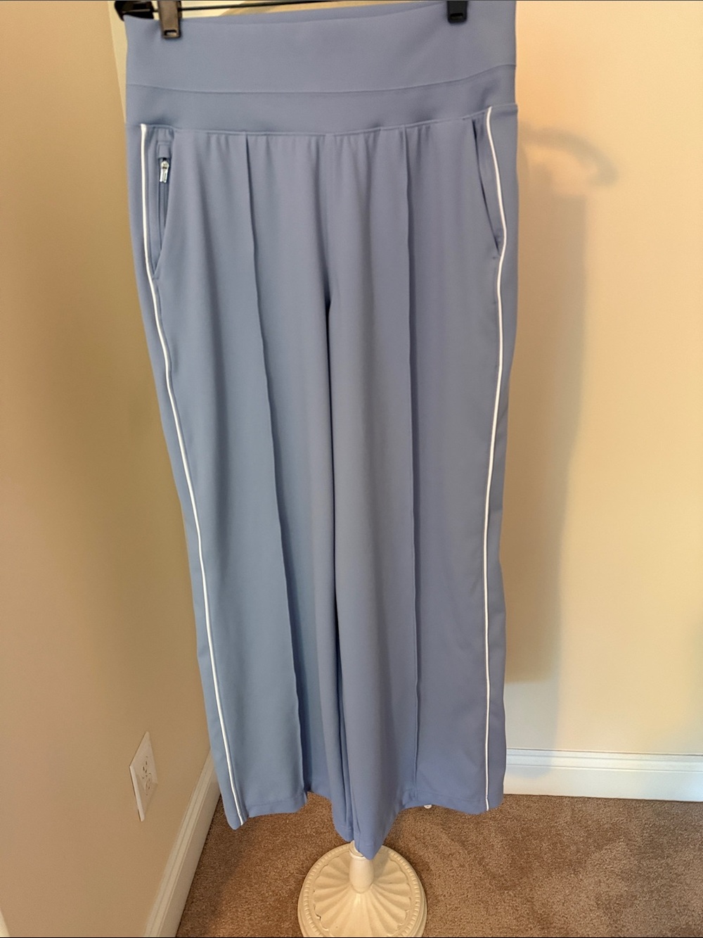 Light Blue Wide Leg Pants with White Piping